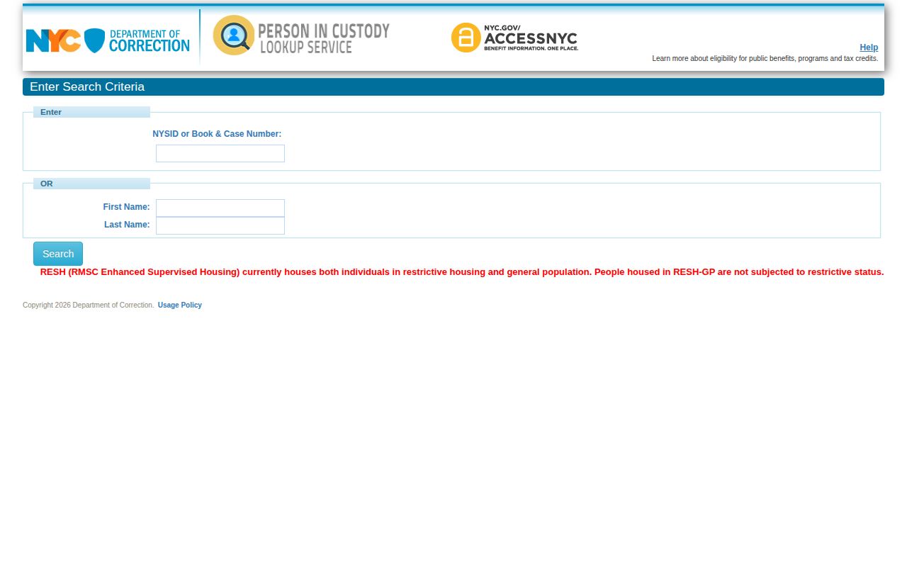 New York County NYC DOC custody record lookup form